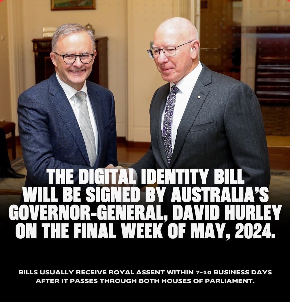 The Governor-General of Australia, David Hurley will 𝙢𝙤𝙧𝙚 𝙩𝙝𝙖𝙣 𝙡𝙞𝙠𝙚𝙡𝙮 sign the Digital Identity bill into law by the end of this month.
It will be one of his final acts as GG before the reigns are handed over to Samantha Mostyn — a proud climate change and gender