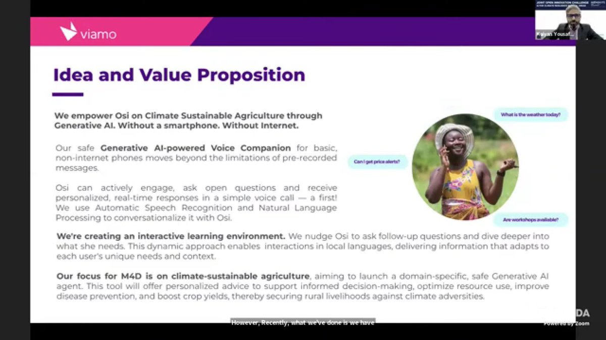 We are delighted to have had Kaiyan Yousaf present at the Moonshots for Development: Open Innovation Challenge Winners event.

Kaiyan highlighted Viamo's Voice-First GenAI innovation and how it can help users access info on Climate-Sustainable Agric. bit.ly/44Ikcwq.