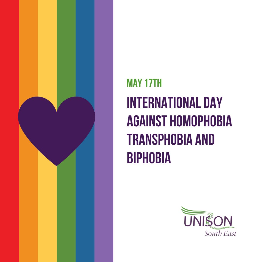 🌈 Today is #IDAHOBIT Day! UNISON South East stands firmly against homophobia, biphobia and transphobia. Trade unions must play a leading role in advocating for equal rights and workplace protections for all LGBTQ+ workers. #LGBTQ #UnionStrong 🏳️‍🌈🏳️‍⚧️