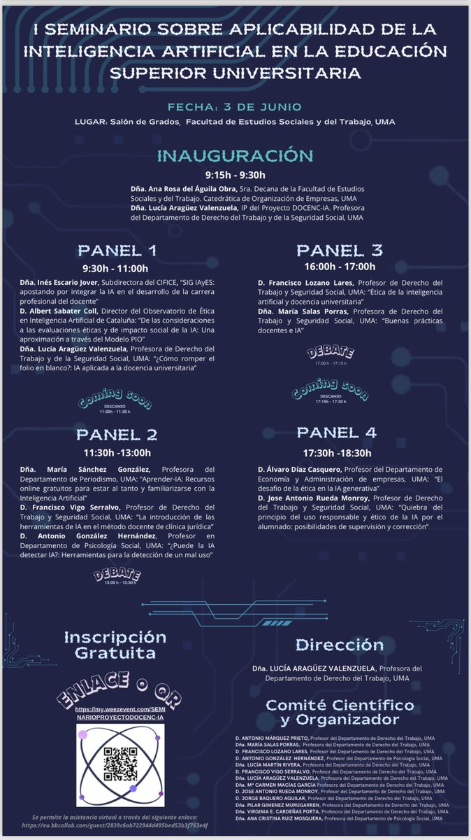 IA Y UNIVERSIDAD: Seminario gratuito con asistencia presencial y virtual sobre el impacto de la IA en la docencia. 
El cartel no puede ser más sugerente, así que os animo a todos/as a asistir si os interesa la temática ✨