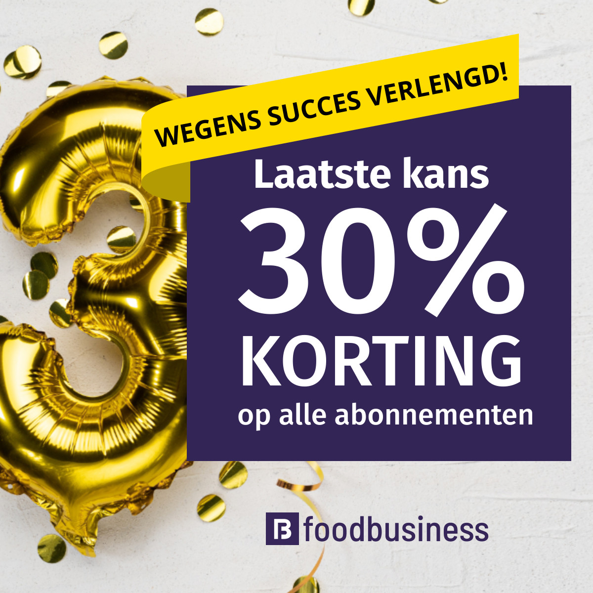 Foodbusiness viert deze maand haar 3-jarig  jubileum✨ En wie jarig is trakteert! Daarom ontvangt u tot en met 26 mei  𝟑𝟎% 𝐤𝐨𝐫𝐭𝐢𝐧𝐠 op al onze jaarabonnementen. Ga voor meer informatie naar foodbusiness.nl/abonneren