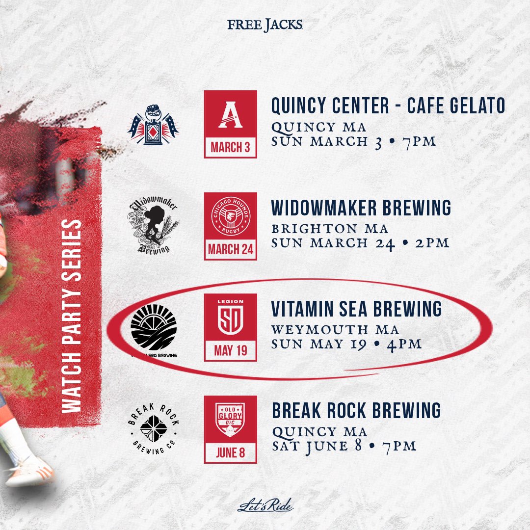 Come join Free Jacks players and staff at Vitamin Sea Brewing this Sunday to watch us take on San Diego Legion in a repeat of last year’s Championship! Kickoff is at 4pm ET!