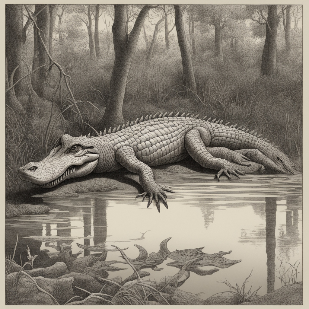 In the #riparian thicket, an alligator watched the children play. It waited but never pounced. As adults they returned to the riverbank. The gator, still watched unmoved. It was then they noticed the skeletal remains beneath it, wearing clothes similar to their own. #vss365