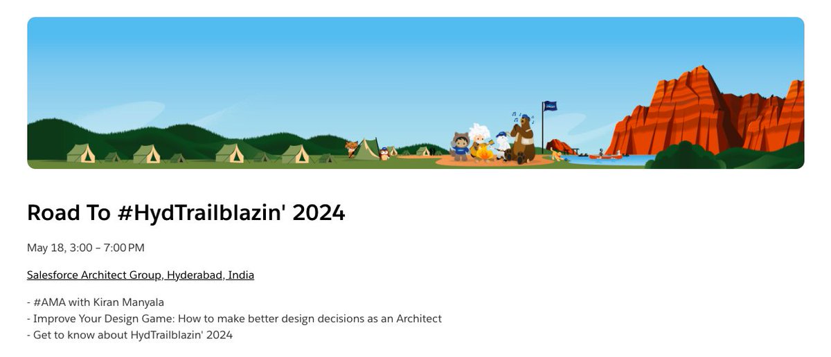 Last Salesforce Hyderabad Community meet up before the mega event of <a href="/HydTrailblazin/">Hyderabad Trailblazin'</a>  

And one of my favourite <a href="/SfdcKiran/">Naga Kiran Manyala</a> will be with us and you can ask him anything (literally anything 😉 ) in the session “#AMA with Kiran”. 

Pradeep Konakanchi will be with us for an