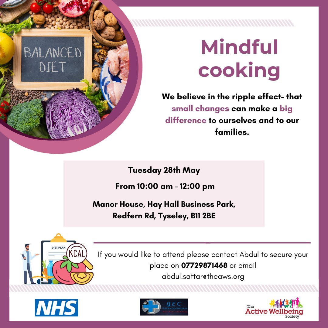 🍽️ Ready to explore mindful cooking and how our food choices can nourish both mind and body? 📅 Join us for a Mindful Cooking session on May 28th from 10 am to 12 pm in #Tyseley. 📲 For more info or to book your spot, contact Abdul on 07729871468. #MentalHealthAwarenessWeek