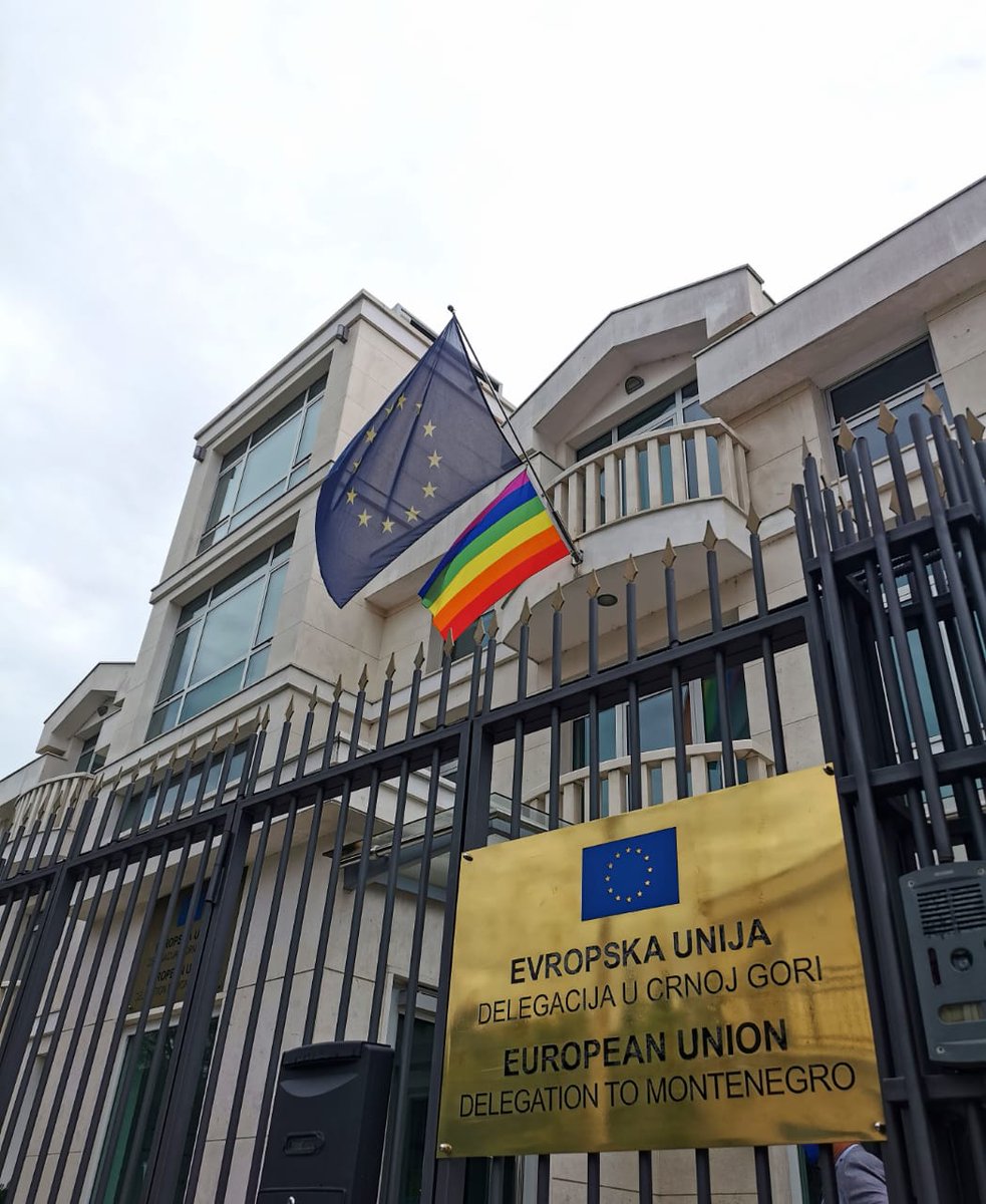 We proudly fly🏳️‍🌈 flag on 🇪🇺 building to support #LGBTI community👬👭 and mark #IDAHOT. No one left behind: equality, freedom and justice for all! See below an emotional testimonial of 🇲🇪 LGBTI activist Hana Konatar. 👇