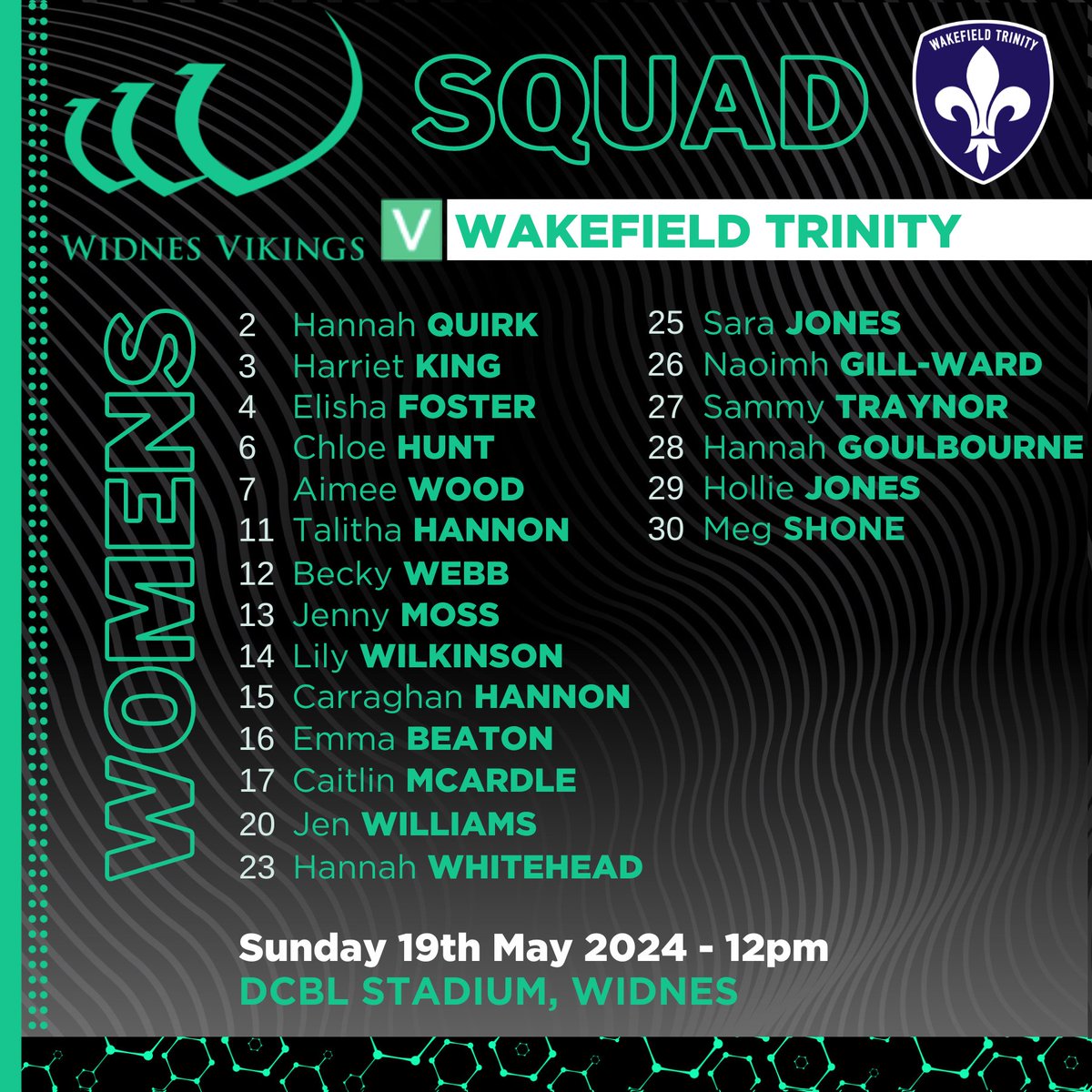 💪 Here is your Vikings Women's squad for their fixture with Wakefield Trinity at the DCBL Stadium this Sunday. #COYV 🧪 #WeAreWidnes