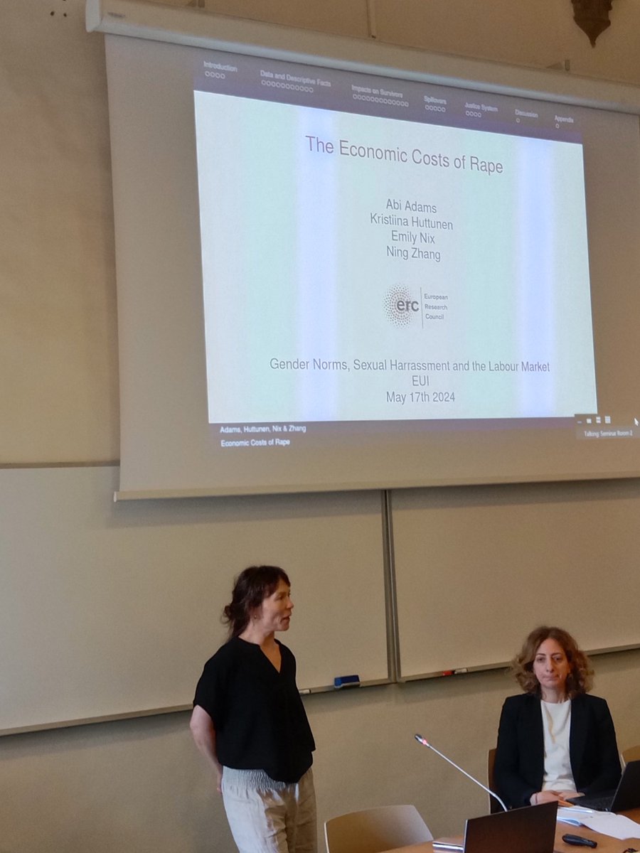 Next we have @KristiinaHuttu2 presenting work on the super important topic of estimating the true GE costs of #sexual assault and #rape joint with @EmilyNix100 @abicadams and Ning Zhang @Kingspol_econ @KingsQPE @eui_sps