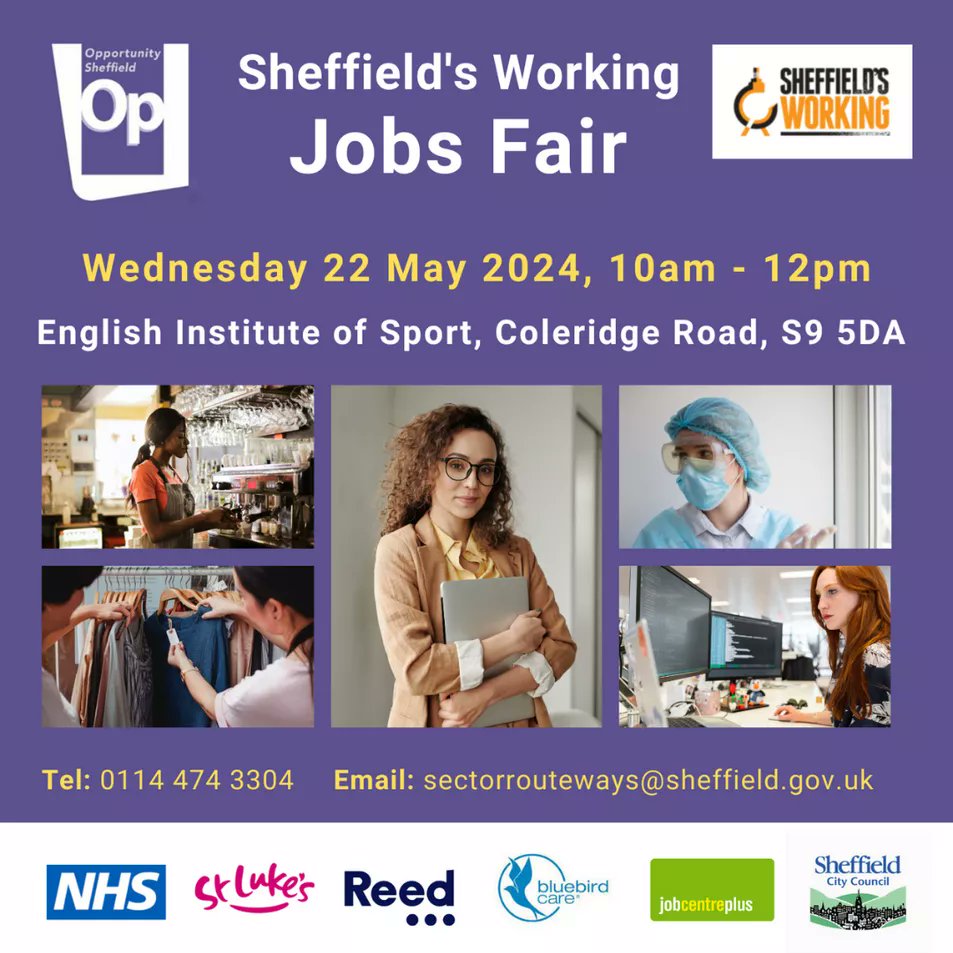 @sheffcol students looking for work? Why not pop down to The Sheffield Working Jobs Fair at #EIS between 10am-12pm. There's no need to book, just drop in. For more information contact: sectorrouteways@sheffield.gov.uk #jobsfair #careers #gofurther