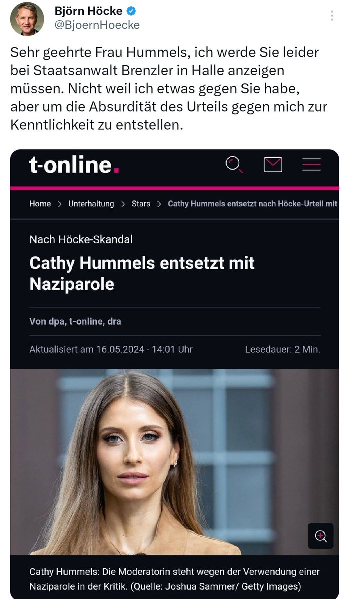 Bewusste Provokation oder unbedachter Post? Cathy Hummels erregte Aufsehen. Sie teilte plötzlich eine Naziparole im Netz. Nun meldet sie sich bei t-online zu Wort. Naziparole kurz nach Björn-Höcke-Urteil Cathy Hummels hat die Story inzwischen gelöscht und zu dem Thema gegenüber