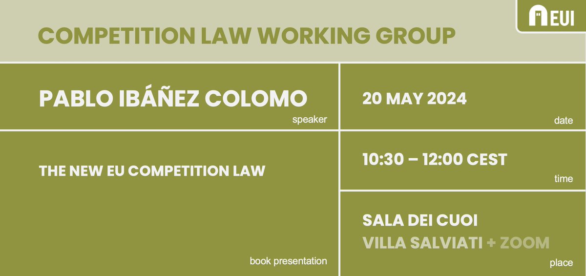 Competition Law Working Group | EUI (@eui_clwg) on Twitter photo Next week, Prof. Ibáñez Colomo will present his latest book The New EU Competition Law (<a href="/LSELaw/">LSE Law School</a> | <a href="/BloomsburyBooks/">Bloomsbury Books UK</a>). We are already looking forward to Monday!
📍Villa Salviati and Zoom
🔗register here: eui.eu/events?id=5686… Next week, Prof. Ibáñez Colomo will present his latest book The New EU Competition Law (<a href="/LSELaw/">LSE Law School</a> | <a href="/BloomsburyBooks/">Bloomsbury Books UK</a>). We are already looking forward to Monday!
📍Villa Salviati and Zoom
🔗register here: eui.eu/events?id=5686…