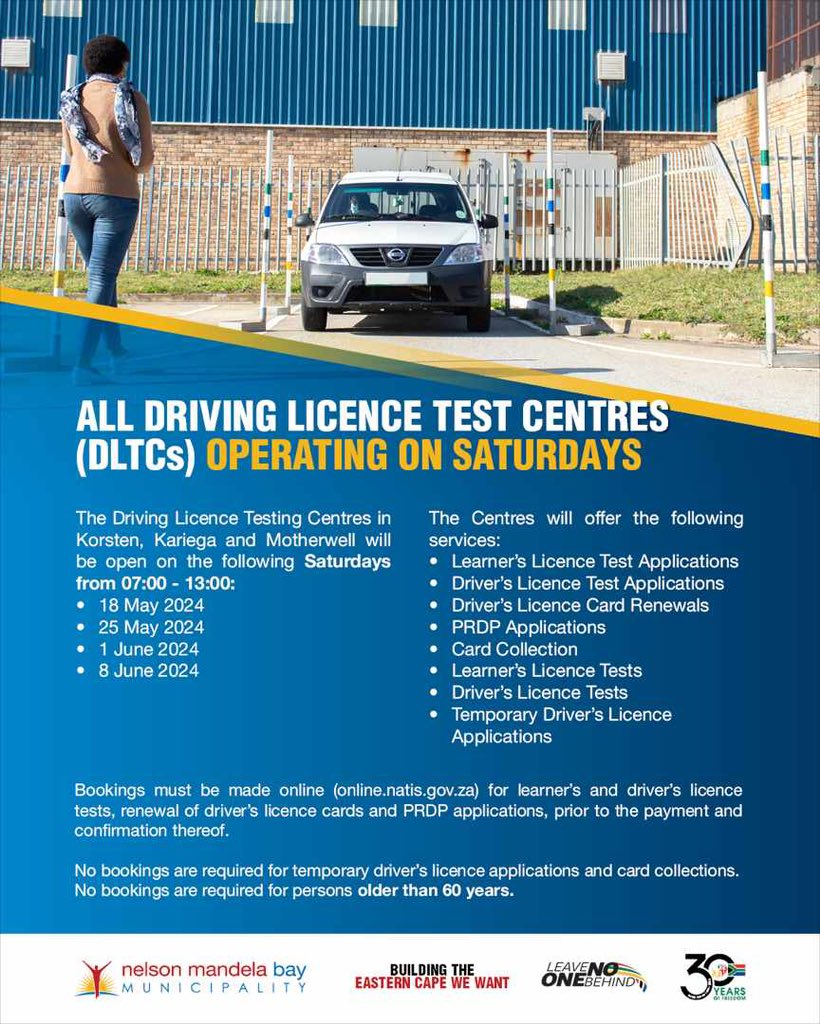 The Nelson Mandela Bay Municipality would like to inform residents that from the 18th of May all Driving Licence Test Centre will be open this weekend from 07:00 - 13:00. m.facebook.com/story.php?stor…