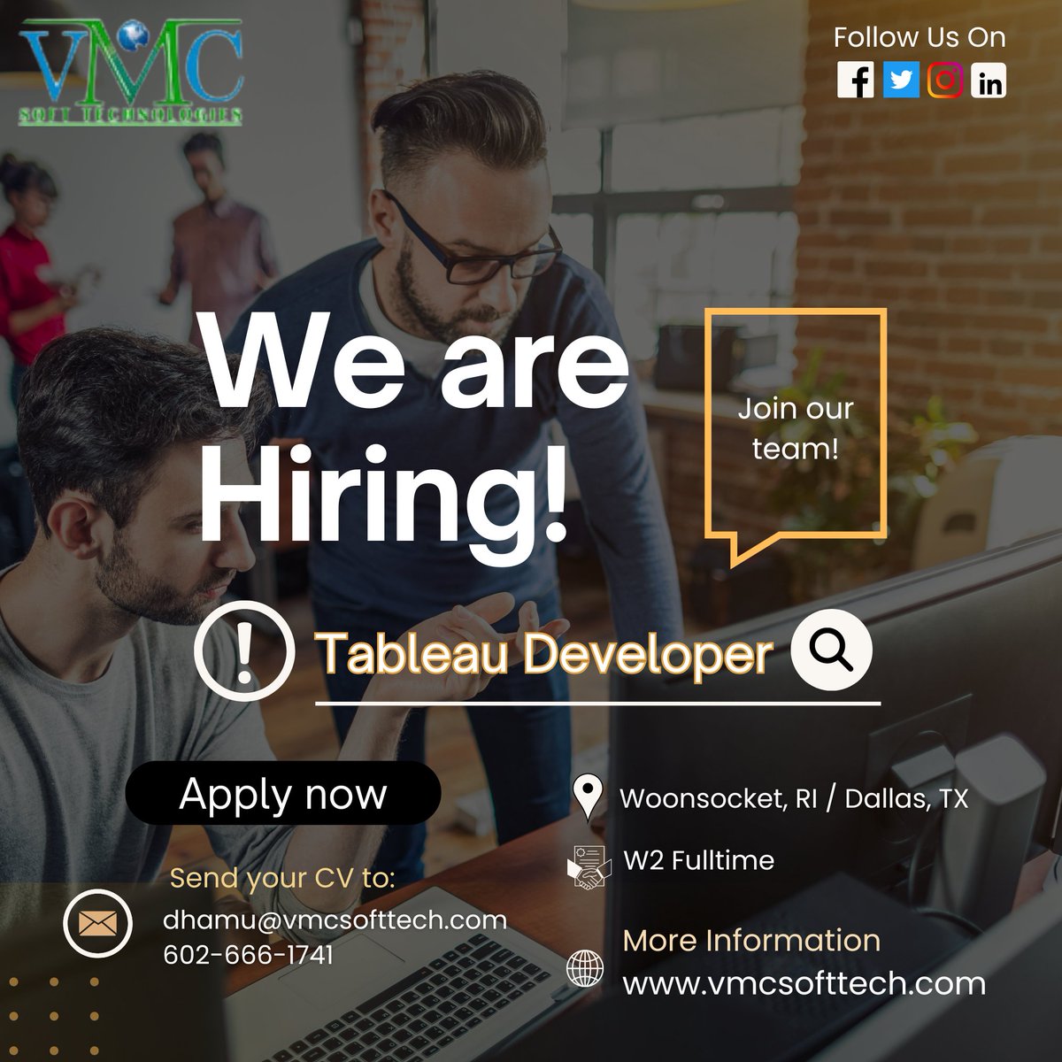 VMC Soft Technologies looking for a Tableau Developer in Woonsocket, RI / Dallas, TX Job Title: Tableau Developer Locations: Woonsocket, RI / Dallas, TX Contract: W2 Full-Time For more details: dhamu@vmcsofttech.com/ 602-666-1741 Apply Now: vmcsofttech.com/careers/