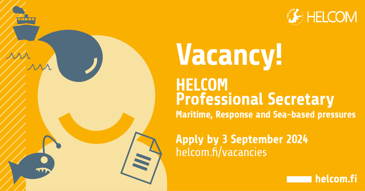 Applications are now invited for the post of Professional Secretary at HELCOM Secretariat to coordinate the work related to three subsidiary bodies of HELCOM: Maritime, Response and Sea-based pressures. 👉Please find the full ad here: bit.ly/44TgPTl #BalticSea #job
