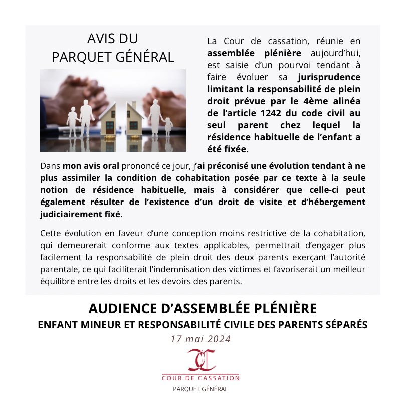 Rémy Heitz (@remy_heitz_pg) on Twitter photo Je viens de proposer à l’assemblée plénière de la <a href="/Courdecassation/">Cour de cassation</a> de faire évoluer sa jurisprudence, qui limite actuellement la responsabilité civile de plein droit au seul parent chez lequel la résidence habituelle de l’enfant a été fixée.
Décision le 28 juin 2024, à 14h. Je viens de proposer à l’assemblée plénière de la <a href="/Courdecassation/">Cour de cassation</a> de faire évoluer sa jurisprudence, qui limite actuellement la responsabilité civile de plein droit au seul parent chez lequel la résidence habituelle de l’enfant a été fixée.
Décision le 28 juin 2024, à 14h.