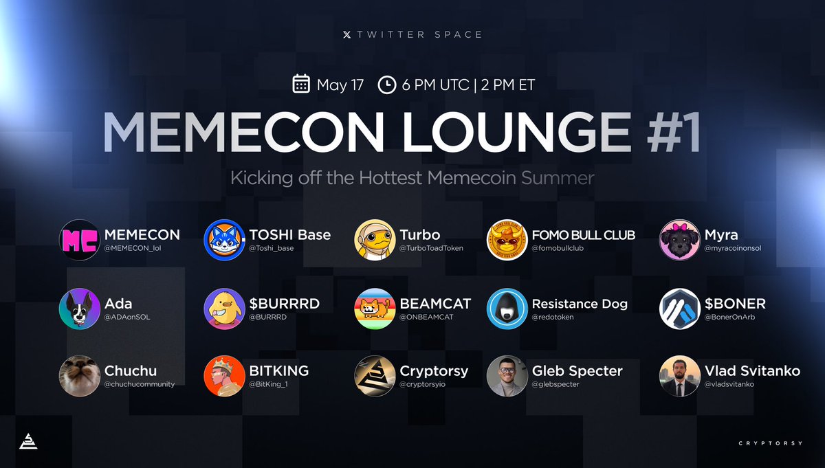 What a beautiful day DOers ☀️ @cryptorsyio's #1 Lounge Space with @MEMECON_lol & the gems going to rock not #onchain, but an IRL stage in Lisbon is taking place TODAY 🥳 ⏰ May 17, 6 PM UTC | 2 PM ET Join us to catch up on your fave #MEMECON-going projects, their plans &