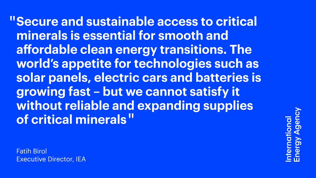 🗣 “The world’s appetite for technologies such as solar panels, electric cars & batteries is growing fast – but we cannot satisfy it without reliable & expanding supplies of critical minerals” More from @fbirol on our new outlook for critical minerals 👉 iea.li/3K3z0Mm