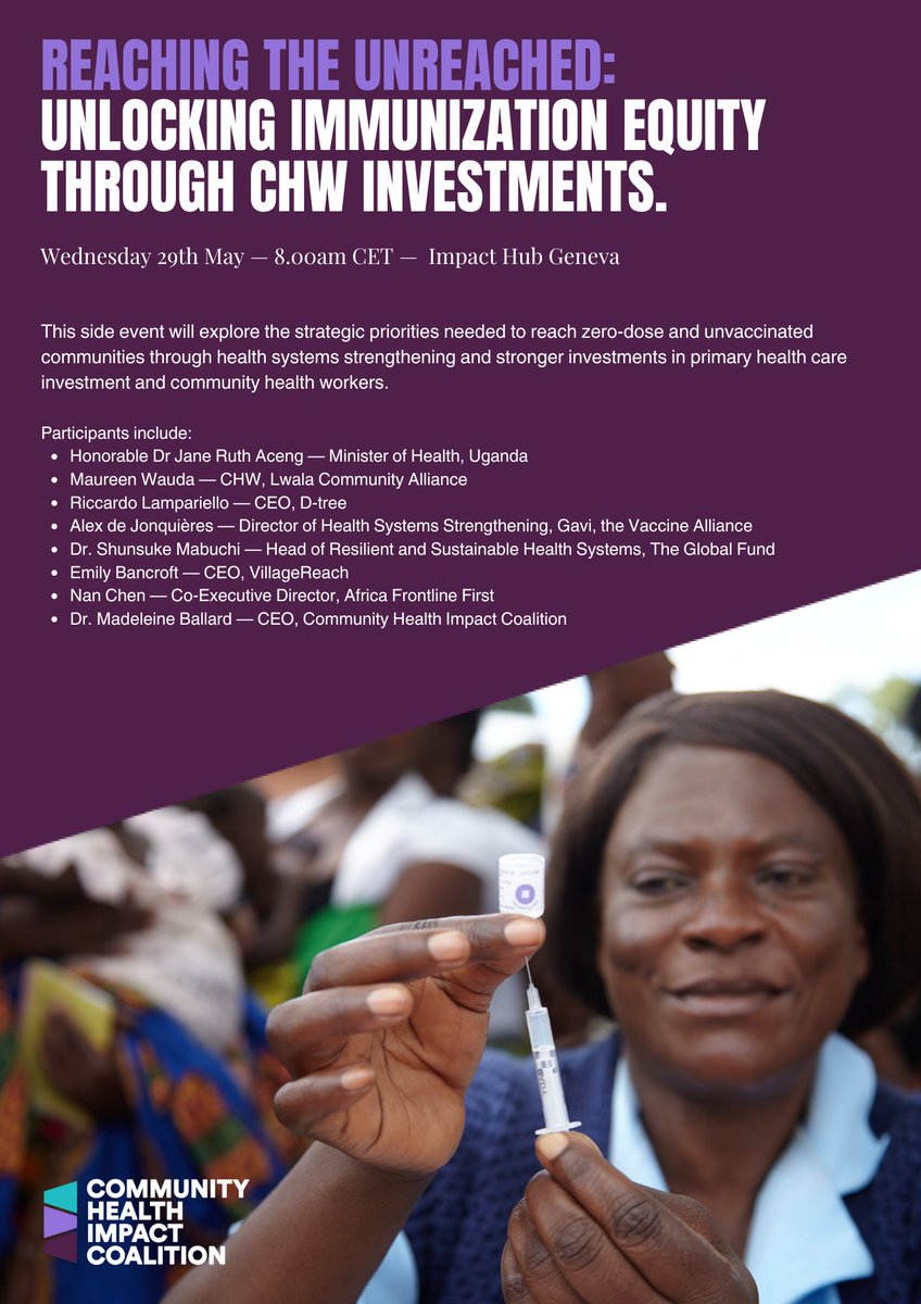 Join @join_chic during #WHA77 at our side event 'Reaching the Unreached: Achieving Immunization Equity through Community Health Worker Investment'. Don't miss this invaluable opportunity to connect, learn, & contribute to the #proCHW movement. RSVP now: docs.google.com/forms/d/e/1FAI…