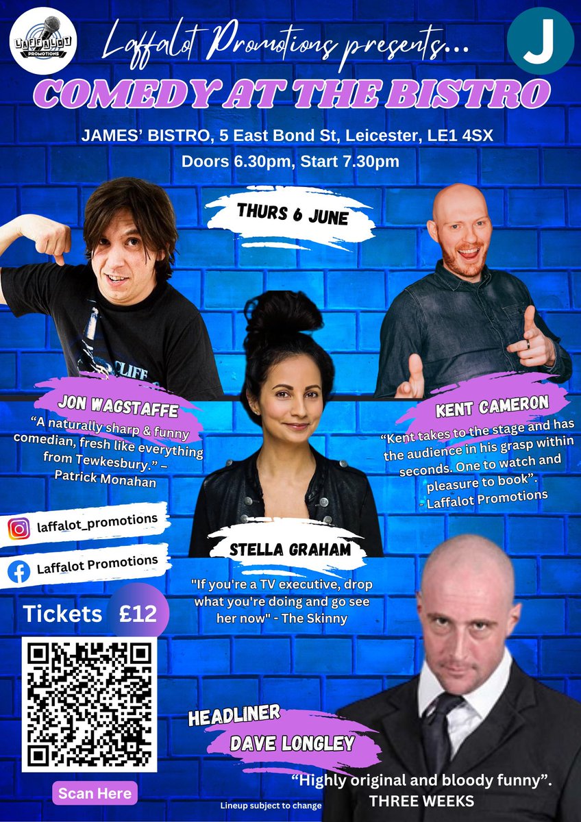 3 weeks to go until this fantastic lineup comes to #JamesBistro - why not start the summer off with a bang and join us on Thursday 6 June for a laugh and a drink? #StandUpComedy #Leicester Tickets available here: ticketsource.co.uk/laffalot-promo…