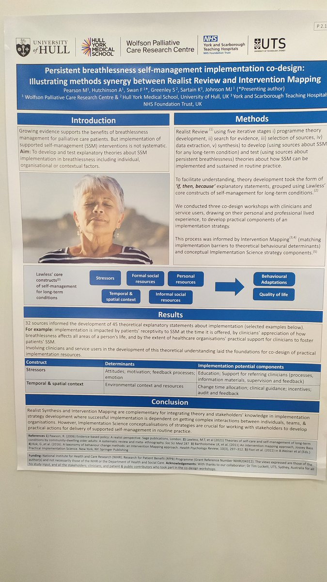 @SwanFlavia with poster at #EAPC2024 realist synthesis and Intervention Mapping are complementary for integrating theory and stakeholders knowledge in implementation strategy development @wolfsonpallcare @HSRMarkP @HullYorkMed @MJJohnson_HYMS @SartainKj @YSTeachingNHS @UTSEngage