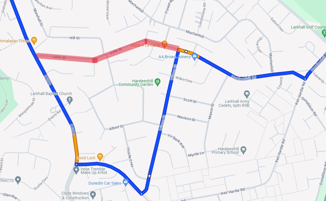 - Route diversion! - There will be a temporary diversion on the 251 bus route due to some road closures at John Street. Bus will travel onto Hareleeshill Road, Wilson Street, Kier Hardie, continuing on as normal onto Machan Road. - Same route on return.