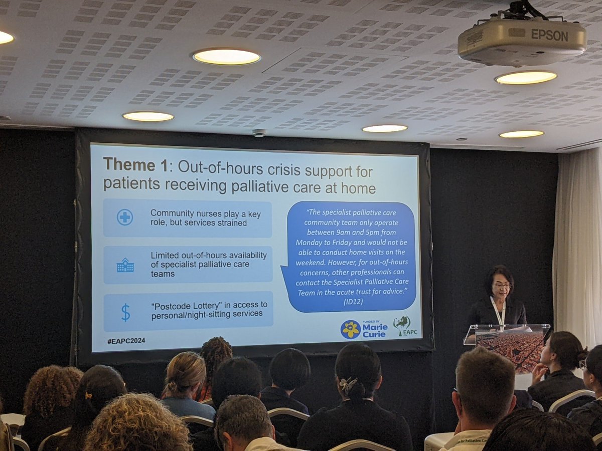 People need 24/7 access to palliative care in case of urgent need at the end of life, but provision is limited and variable in UK Maternity units don't close at 5pm, why is a postcode lottery tolerated in palliative care? Thank for highlighting these issues Ikumi #EAPC2024