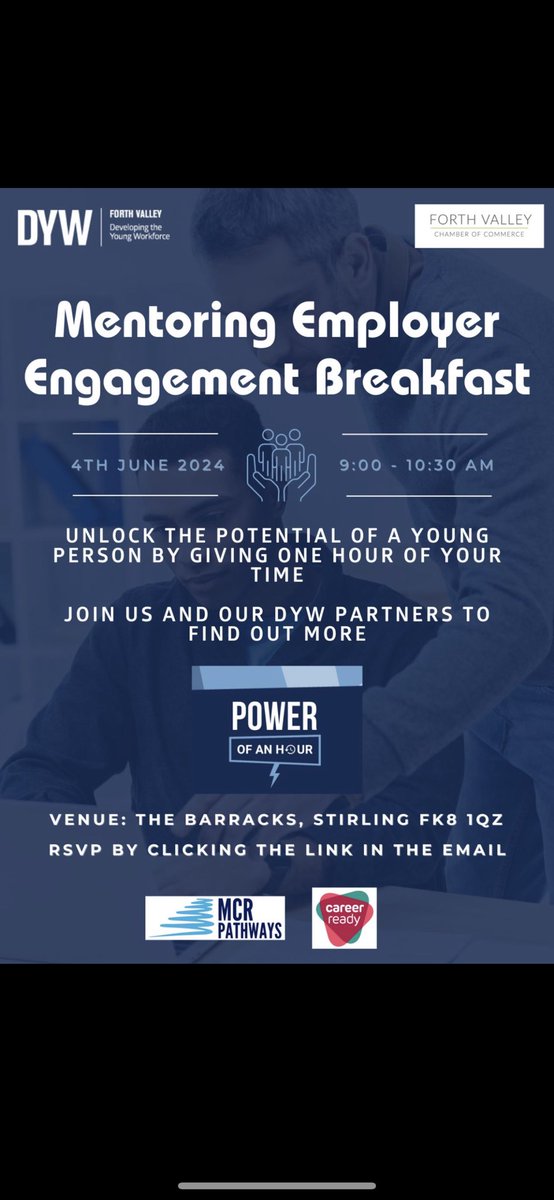 Join us in partnership with <a href="/DYW_ForthValley/">DYW Forth Valley</a> for our ‘Mentoring Employer Engagement Breakfast’, to understand how your invaluable skills, knowledge and experience can guide and support a young person in their professional development.

Sign up at: forthvalleychamber.co.uk/event/mentorin…