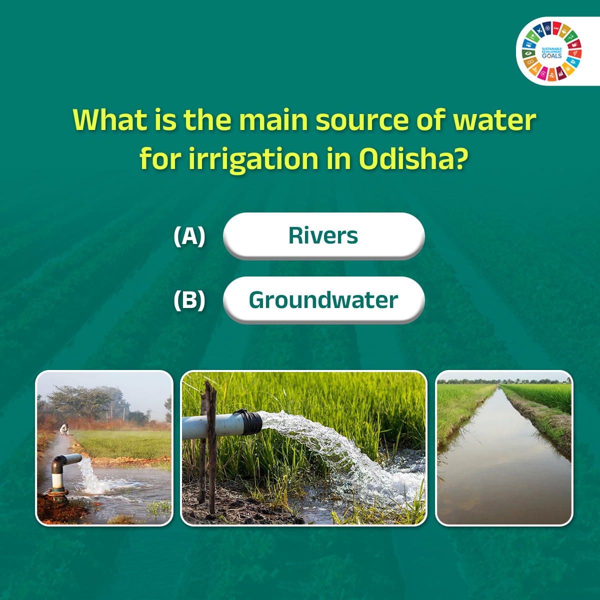 Quiz Time- What is the main source of water for irrigation in Odisha? a) Rivers b) Groundwater @PCDept_Odisha @SDGOdisha
