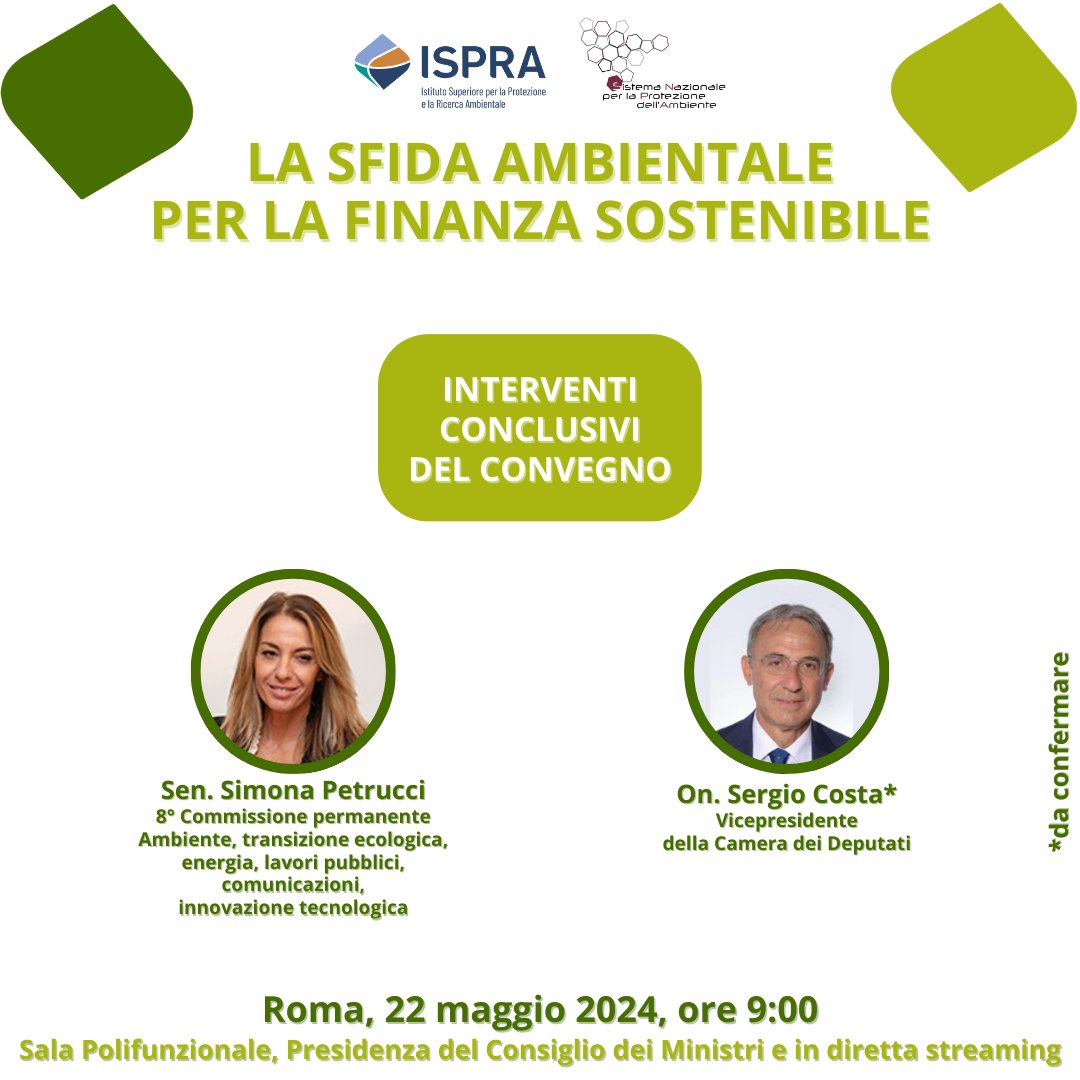 🌱 La Sfida Ambientale per la #FinanzaSostenibile: a concludere il Convegno saranno gli interventi della Senatrice Simona Petrucci e dell'Onorevole Sergio Costa (da confermare). 🗓️ 22/5 in diretta streaming 📝 Scopri il programma completo: bit.ly/3UNWnQe