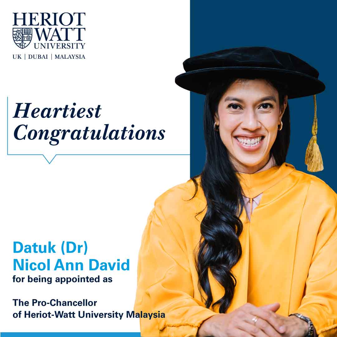 Heartiest congratulations to Datuk (Dr) @NicolDavid on being appointed as The Pro-Chancellor of Heriot-Watt University Malaysia.

We look forward to the invaluable contributions she will make in shaping the future of our global University.

#HeriotWattMalaysia #DrivenByPurpose