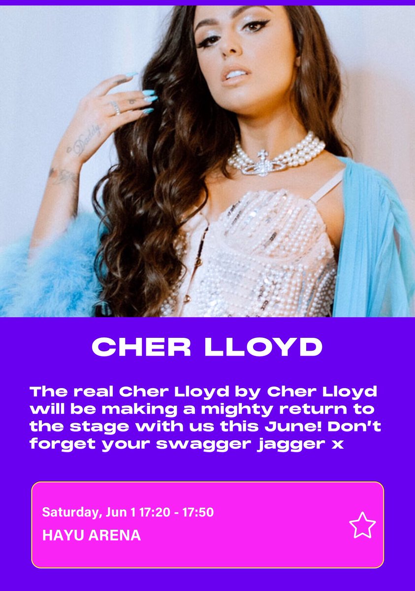 My girl @CherLloyd will be on the @hayu stage at @mightyhoopla at 5.20 don’t be late !!!!