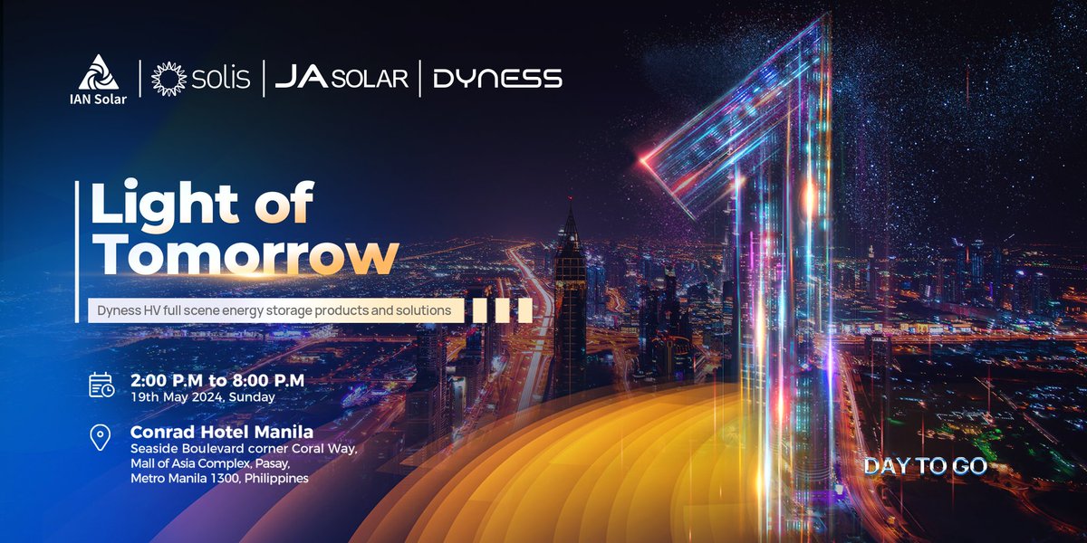 From 2:00 p.m. to 8:00 p.m., attend the highly anticipated #Dyness Brand Day event in association with @Ian Solar, @Solis, and @JASolarOfficial ! ⚡ See you at the Conrad Hotel Manila in the #Philippines! #LightofTomorrow #DynessPower #NewProductLaunch #solarevent #DynessBrand