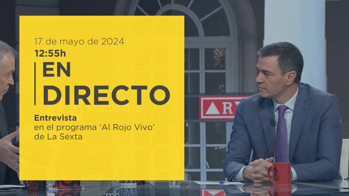 El presidente @sanchezcastejon es entrevistado en el programa @AlRojoVivo, de @laSextaTV. ▶Síguelo en directo aquí⤵ atresplayer.com/directos/lasex…
