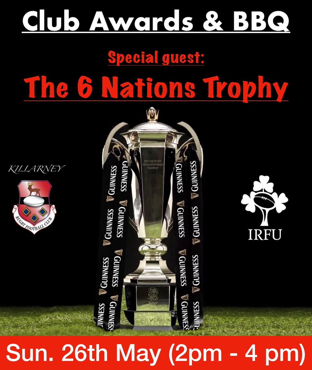 Breaking news: The Guinness 6 Nations trophy is coming to Killarney RFC! On Sunday the 26th of May next we are holding our annual club awards and bbq at Aghadoe, with a very special guest: the 6 Nations Trophy will be in attendance! All very welcome!