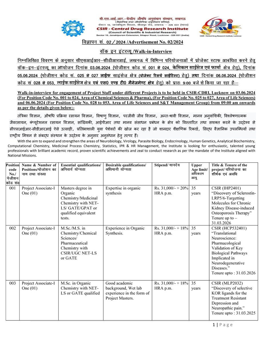 CSIR_CDRI's tweet image. #Walk_in_interview on 3rd and 6th June 2024 for engagement of #ProjectStaff under different Projects
@CSIR_CDRI #Lucknow
For futher details visit
cdri.res.in/pdf/recruitmen……

@CSIR_IND @HRDG_CSIR @IndiaDST @DBTIndia @VigyanPrasar @VigyanPragati @PIB_India @DDNewslive @TOIIndiaNews