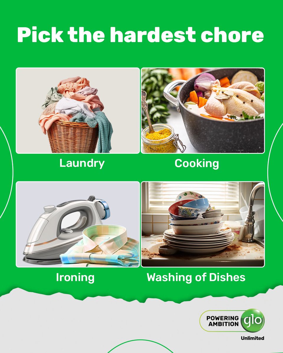 It's another weekend and a time for some household chores 🫧

Which is your hardest chore? Drop your answers in the comment section 👇🏽

#FunFriday
#GloUnlimited