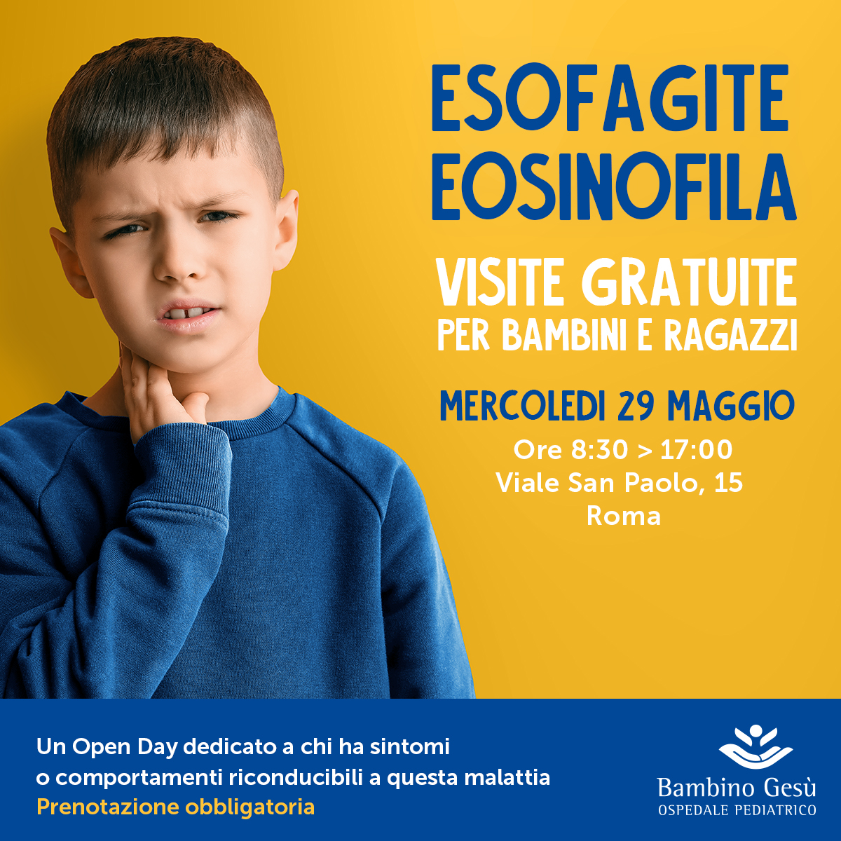 Un #OpenDay dedicato a bambini e ragazzi che hanno sintomi o comportamenti riconducibili a #EsofagiteEosinofila.

Leggi il questionario, verifica se tuo figlio può aver
bisogno di un controllo con i nostri specialisti e, se così
fosse, prenota una visita: tinyurl.com/ym8y7xyz