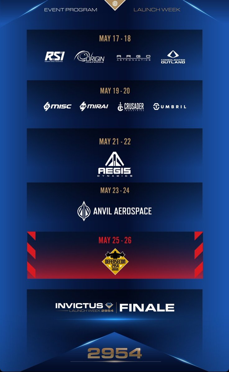 Today Begins Invictus Launch Week!! Drop by the Bevic convention center on Arc crop /area 18 for to see ships from RSI, Origin, Argo and Consolidated Outland! #StarCitizen #squadron42 #ILW2954 #invictus2954