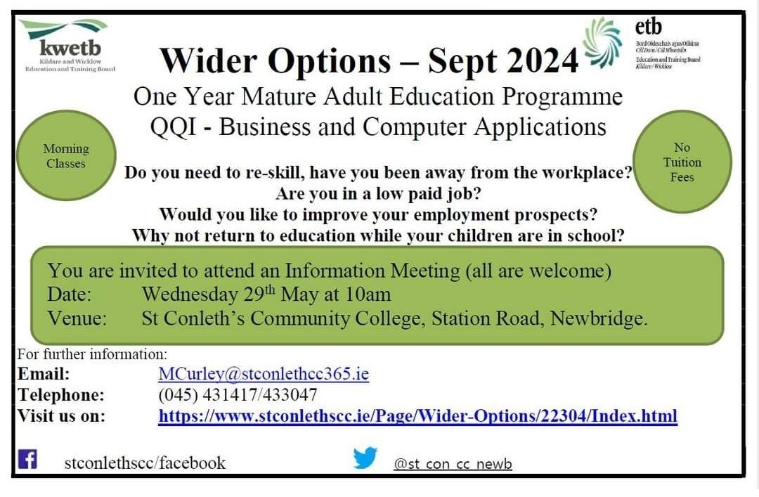 St. Conleths CC Newb (@st_con_cc_newb) on Twitter photo Wider Options information meeting on Wednesday 29th May. For more information on Wider Options see the school website: stconlethscc.ie <a href="/KWETB/">Kildare Wicklow ETB</a> #furthereducation Wider Options information meeting on Wednesday 29th May. For more information on Wider Options see the school website: stconlethscc.ie <a href="/KWETB/">Kildare Wicklow ETB</a> #furthereducation