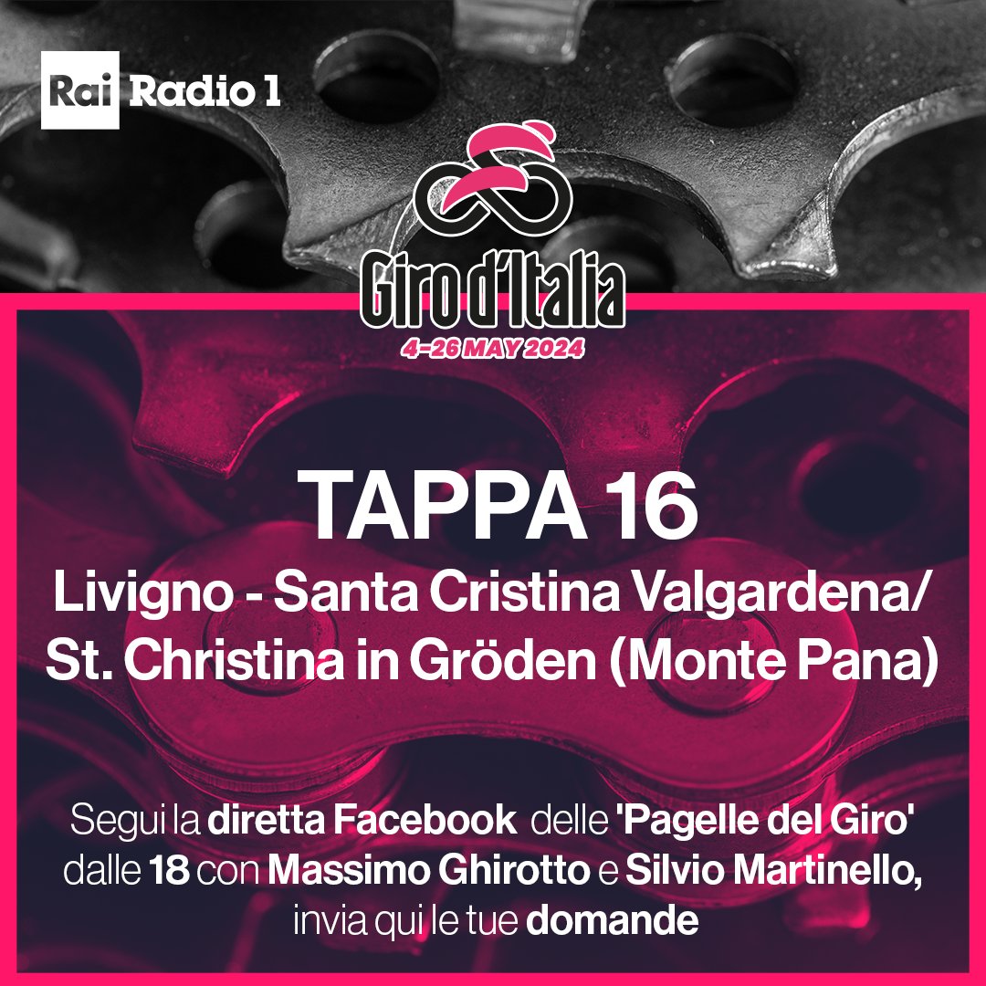 ⬆️⬇️🚴Top e flop del giorno. Segui in diretta su Facebook dalle 18 le #PagelledelGiro  con @GhirottoMax e @s_martinello della sedicesima tappa #Livigno - Santa Cristina Valgardena/St. Christina in Gröden e scrivi le tue domande nei commenti.

#Giro #giroditalia #RaiGiro #radio1