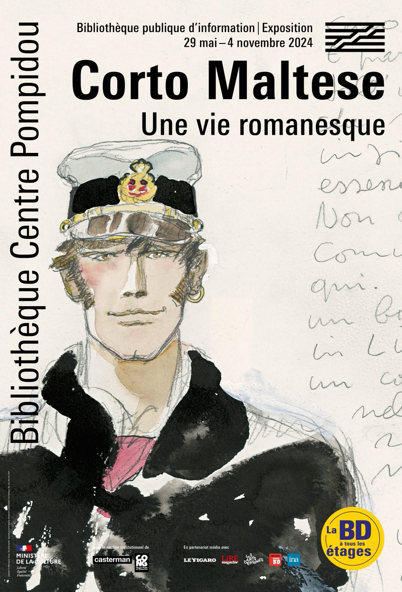 « Corto Maltese. Une vie romanesque » 🌊
Créé par Hugo Pratt en 1967, Corto Maltese est l’un des personnages les plus emblématiques de la bande dessinée ! 
À partir du 29 mai, la @Bpi_Pompidou plonge dans les sources littéraires du plus solitaire des marins de papier. Une