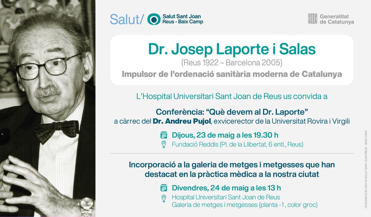 🚨L'@HospitalReus organitza dues conferències 💡Què devem al Dr. Laporte - per Andreu Pujol, exvicerector de la #URV - 23/05 a les 19.30h📌@fundacioreddis 💡Incorporació de metges/esses que han destacat en la pràctica mèdica a Reus - 24/05 a les 13h 📌Galeria de @HospitalReus