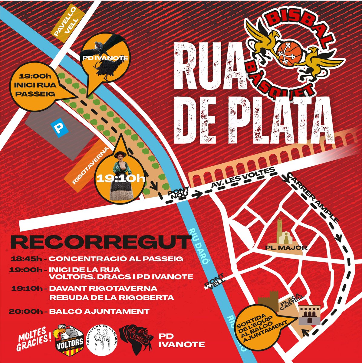 ⚠️⚠️⚠️⚠️⚠️⚠️
*ATENCIÓ*
🚌🥈🎊🚌🥈🎊

*RUA DE PLATA* 

Inici des del principi del Passeig (costat pàrking) 

⌚ 18:45h - Concentració 
⌚ 19:00h - Inici rua
⌚ 19:10h - Rebuda Rigoberta 💃🏼🙌🏼

Rua segons mapa imatge. 

⌚20:00h Arribada a Ajuntament - Parlaments Balcó

*Celebrem