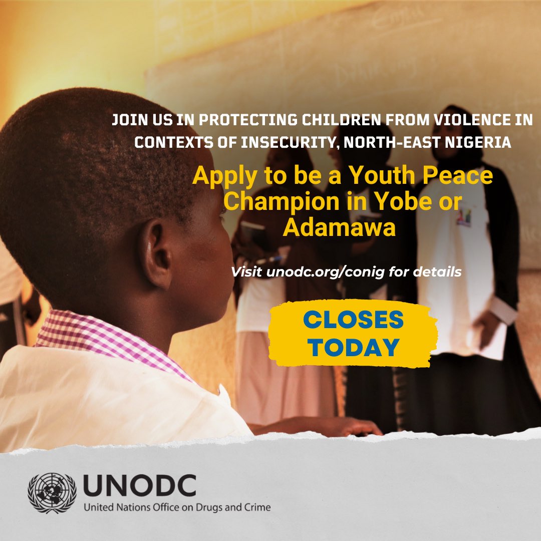 Applications for UNODC Youth Peace Champions in Yobe and Adamawa close today! If you’re passionate about peacebuilding and peacekeeping, you can’t afford to let this opportunity go. Visit unodc.org/nigeria to begin right away. #EndVAC #SeeTheChild