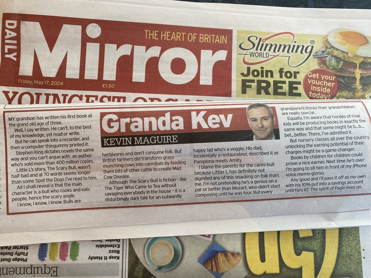 Move over David Walliams. My grandson, aged 3, has produced a book and he can’t yet read or write. The Scary Bull by Little L is today’s Granda Kev @DailyMirror column.