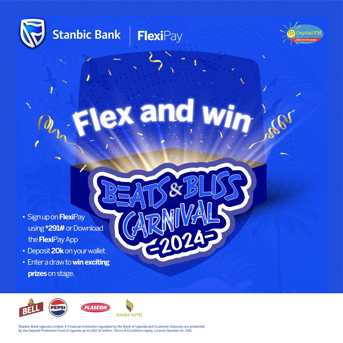 Join us tomorrow for the Bliss and Beats Carnival at the Buhinga Stadium. Come enjoy live music by your favorite artistes, games & delicious food Sign up for FlexiPay, deposit 20K for a chance to win amazing prizes. Dial *291# to get started. #BeatsAndBlissCarnival2024