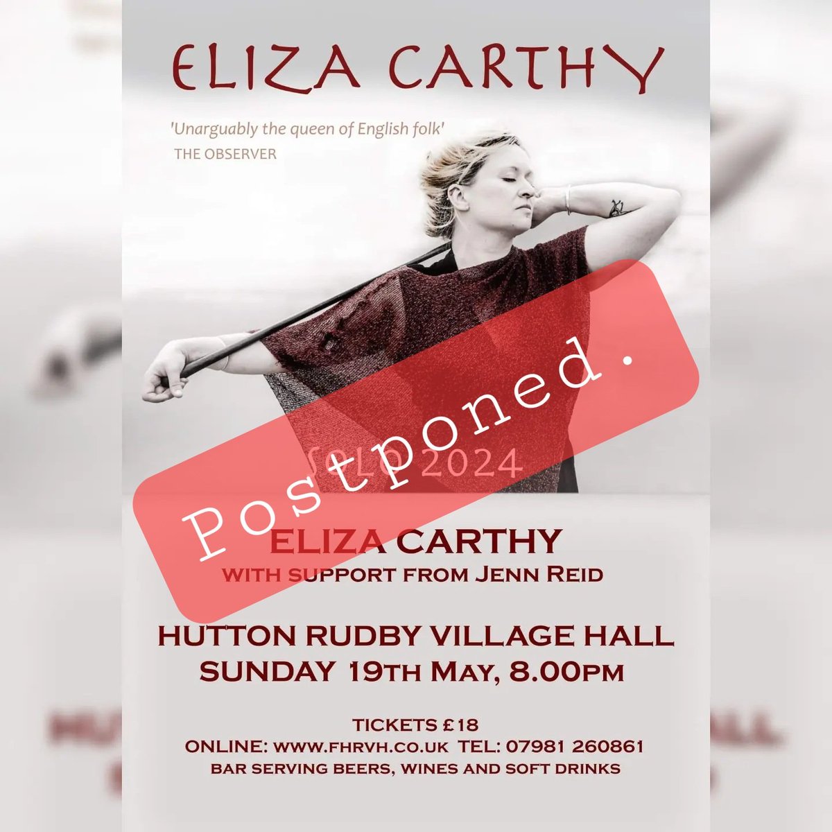 ‼️ POSTPONED:19 MAY, ELIZA CARTHY/JENN REID ‼️ We are very sorry to announce that Sunday's gig with @ElizaCarthy has been postponed due to illness. Never easy for an artist & we send our warmest wishes to Eliza for a speedy recovery. Ticket holders contacted & new date TBA.