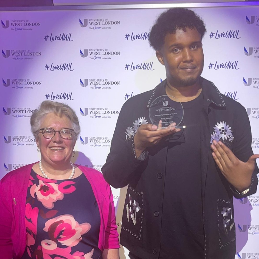 Pictured here are Kerry Kent, our Vice
Chair of Trustees, and the winner of the Community Volunteer of the Year 2024 Award, Saeed Warsame (@HiradSaeed). 

Thanks to <a href="/the_vteam/">UWL Volunteering Team</a>, all the students, and every one of our fantastic #volunteers for their support.