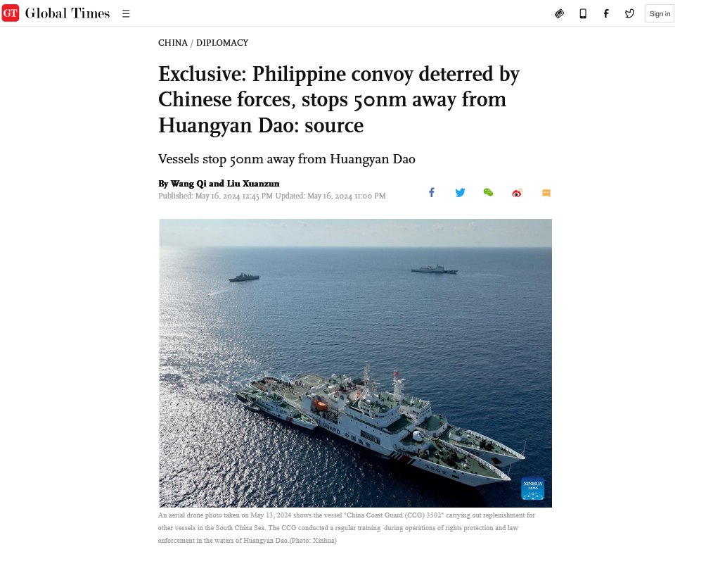 As widely expected, a 'face-saving' bid from PRC state propaganda. The mission didn't intend to enter the shoal anyway but to resupply fisherfolk operating in the vicinity, so deterrence is a moot point here. globaltimes.cn/page/202405/13…