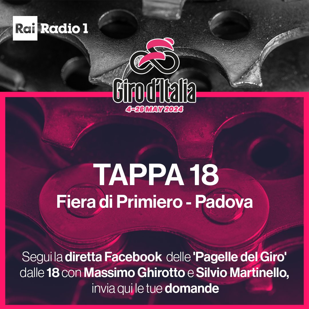 ⬆️⬇️🚴Top e flop del giorno. Segui in diretta su Facebook dalle 18 le #PagelledelGiro  con @GhirottoMax e @s_martinello della 18° tappa #FieraDiPrimiero – #Padova e scrivi le tue domande nei commenti.

#Giro #giroditalia #RaiGiro #radio1